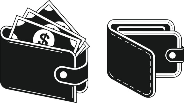 Wallet with money and empty wallet icons isolated vector illustration for finance and payment concept