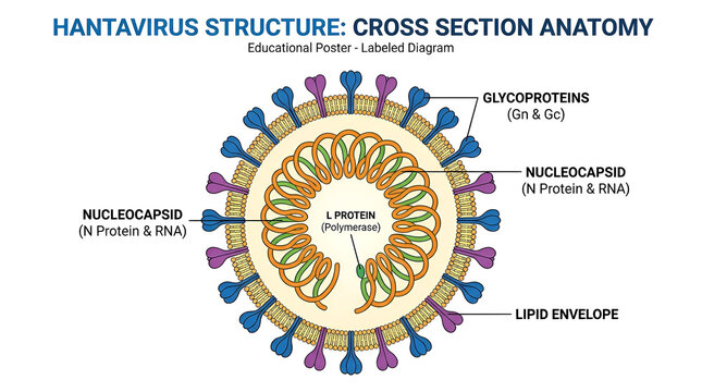 Hantavirus structure diagram shows cross-section anatomy with glycoproteins and nucleocapsid.