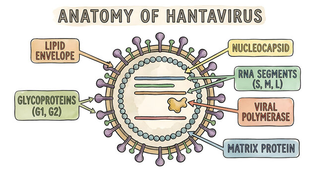 The anatomy of a hantavirus shows its lipid envelope and viral polymerase.