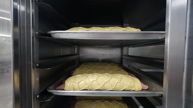 Tilt down multiple trays with traditional Christmas ham bread (Pan de Jamon) inside a professional industrial oven. Dough features classic cross-hatch design, ready for baking in a Caracas bakery