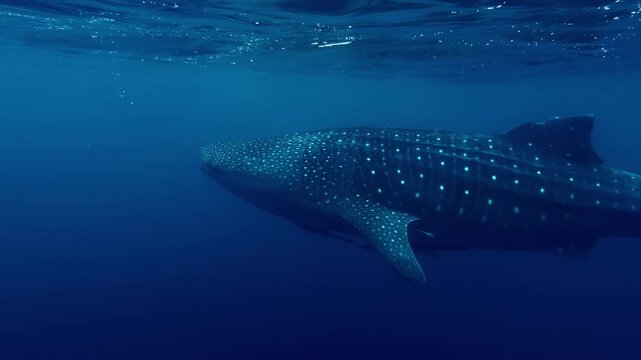 A whale shark moves gracefully through the deep blue ocean of Sogod Bay. Ideal for marine life documentaries or educational content.