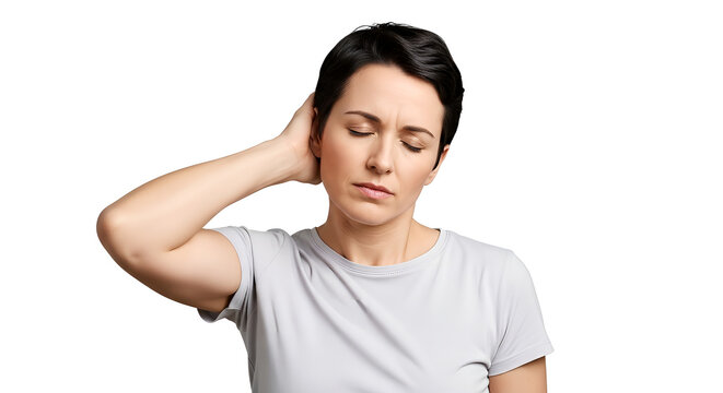 A woman scratches her head with a puzzled expression on her face indoors.