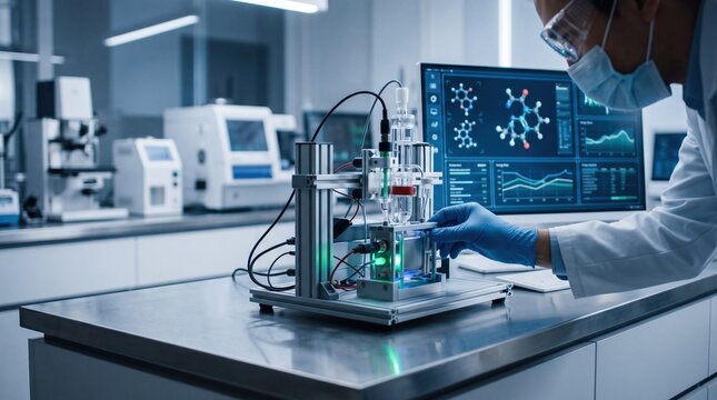 Scientist working with advanced laboratory equipment and molecular structure analysis software on computer screen for chemical research and development