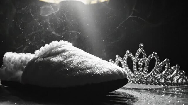 Black and white still life with a slipper and tiara on a shiny surface under light with smoke effect