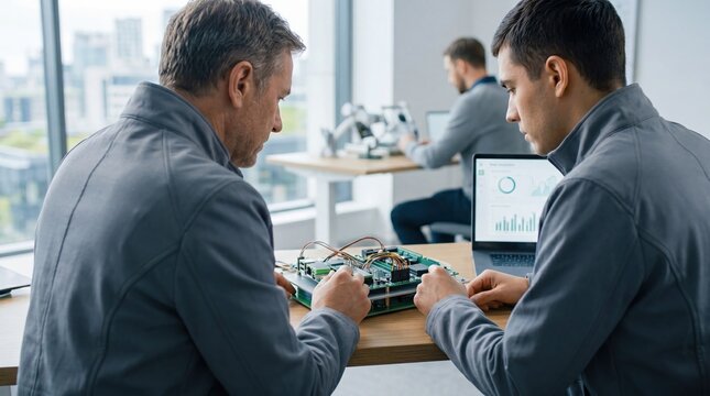 Two engineers examining electronic circuit board prototype, hardware development team collaboration, technology innovation lab, electrical engineering design process, computer