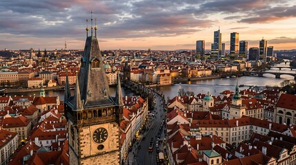 Fototapeta premium Gothic bridge tower and historic european cityscape at sunset with modern
