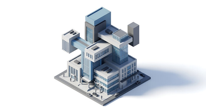An isometric view of a modern building complex situated in a city environment with a sleek architecture design and industrial elements on a sunny day.