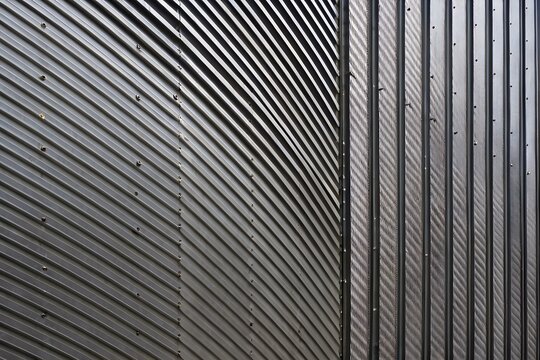 Abstract industrial silver grey corrugated metal wall siding texture background with linear geometric steel ridges