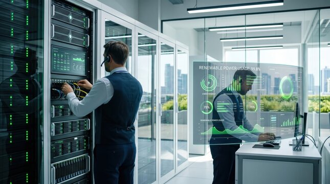 IT technician managing server rack and monitoring renewable power usage on holographic display in data center, ensuring green energy efficiency and sustainable technology