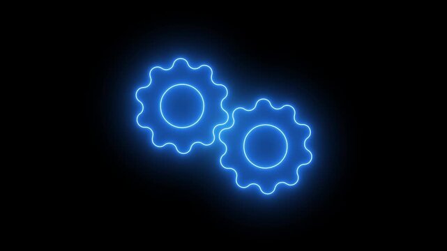 Neon glowing gear cogwheel rotating icon business sign on black background animation.