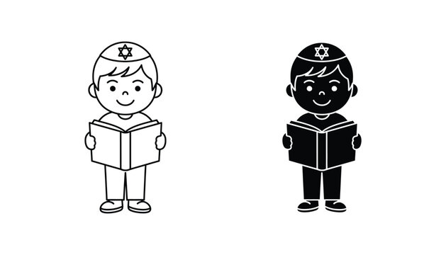 Jewish boy reading Torah book icon set in outline and solid black style for religious education and culture concepts isolated on white background