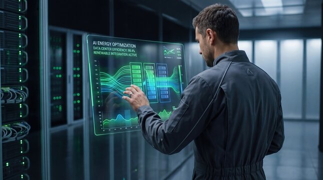 Data center engineer managing AI energy optimization system via holographic interface showing renewable integration active status and efficiency metrics in server room with rack