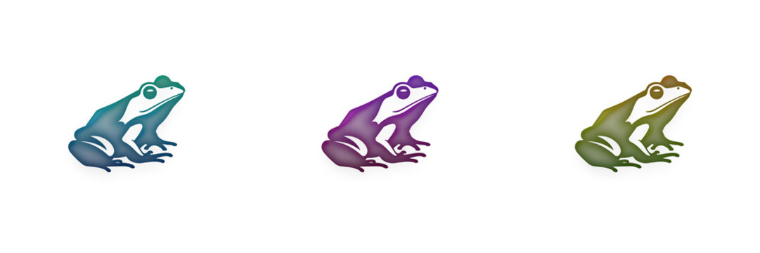 Three colorful frog icons in blue purple and green