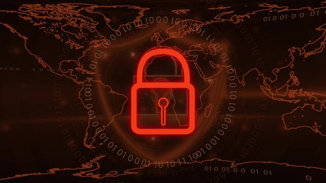 Cyber security lock with futuristic elements on earth map background animation.