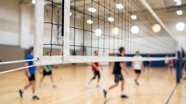 Volleyball net close up in focus at indoor gymnasium with blurred athletes practicing team sports in background during competitive match training session on wooden court floor