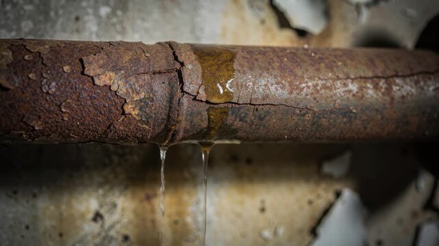 Close up of rusty leaking water pipe corrosion and decay in old building maintenance problem
