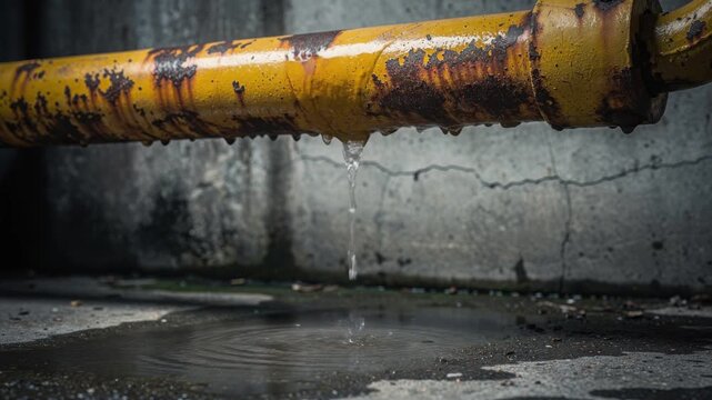 Rusty yellow metal pipe leaking water with drops falling on wet concrete surface