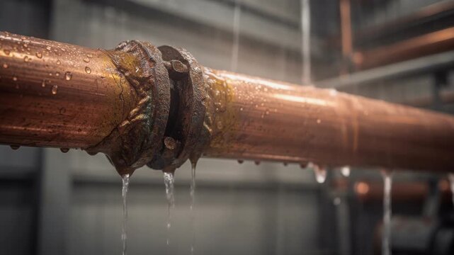Close up of leaking rusty industrial pipe with dripping water in factory or plant maintenance