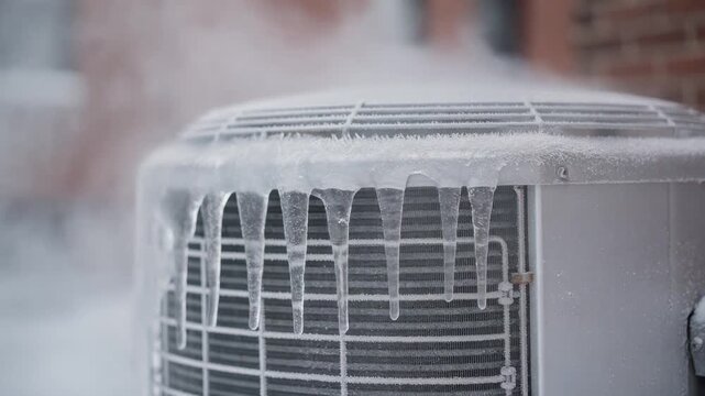 Close up of an air conditioning unit covered in icicles and frost during winter cold weather