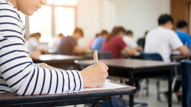 Student writing exam in classroom with blurry background of classmates sitting at wooden desks during test session in university lecture hall focus on hand and pen