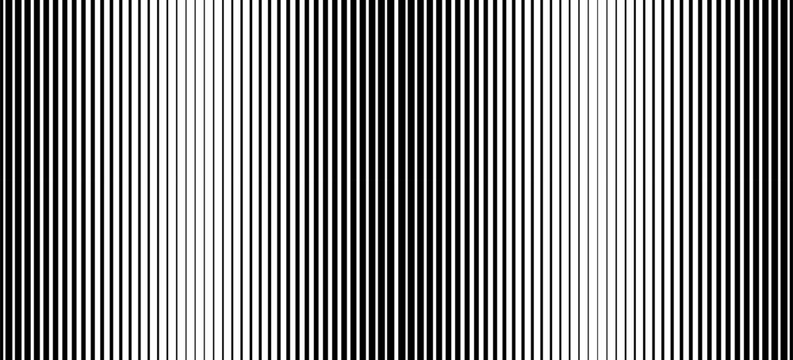 Thin line halftone gradient texture. Fading vertical stripe gradation background. Repeating wide pattern backdrop. Black parallel lines wallpaper for overlay, print, cover, banner, poster. Vector