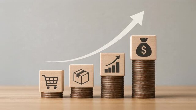 Growing business success concept with stacked coins and wooden blocks showing shopping, packaging, growth, and money symbols