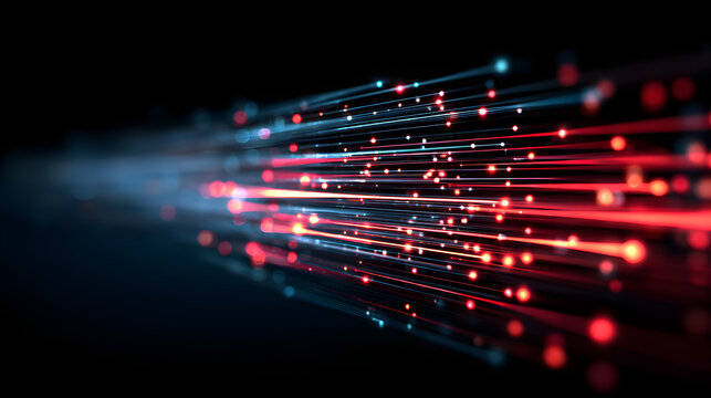 Abstract background of highspeed digital data transmission with glowing red and blue light trails