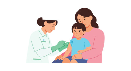 Fototapeta premium A female healthcare worker administers a vaccine to a young boy who is being held and comforted by his mother during the medical procedure.