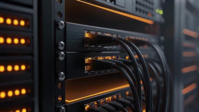 Close up of network cables connected to data center server with glowing LED lights for internet technology