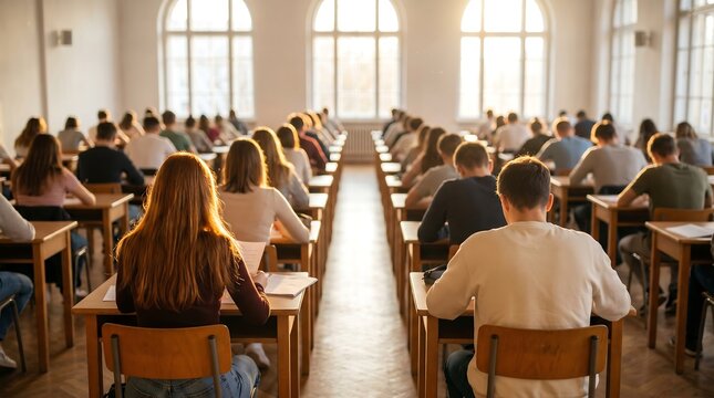 Students taking an exam in a bright classroom with rows of desks and sunlight streaming through large arched windows creating a studious atmosphere