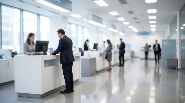 Modern office reception area with a man in a suit consulting with a female receptionist at a clean white counter amidst a bright professional environment