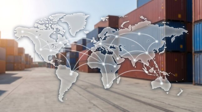 Global logistics network map overlaying a shipping container yard representing international freight supply chain connectivity and worldwide commercial trade distribution hub concept