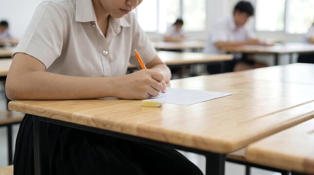 Close up of student hand holding orange pen writing on exam paper at wooden desk in school classroom with blurred background showing other classmates during test taking session