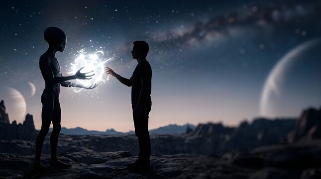 Human and Alien Making First Contact with Energy Sphere on Planet Surface