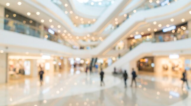 Blurred interior of modern luxury shopping mall with people walking and bright bokeh lights creating abstract commercial background for retail and consumerism concepts