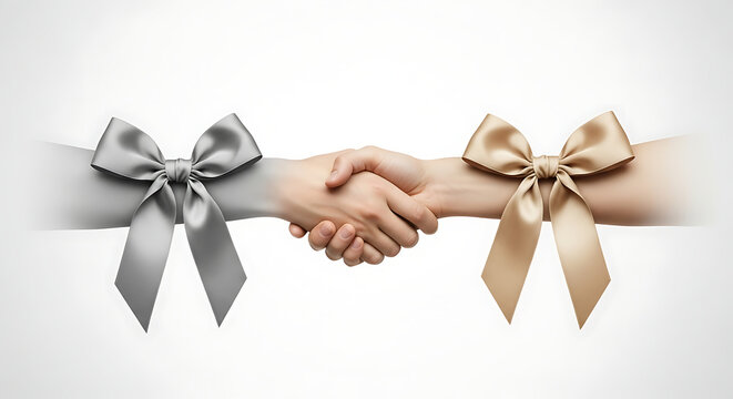 Close up view of handshake between two hands adorned with elegant silk ribbons representing unity friendship partnership agreement cooperation and success.