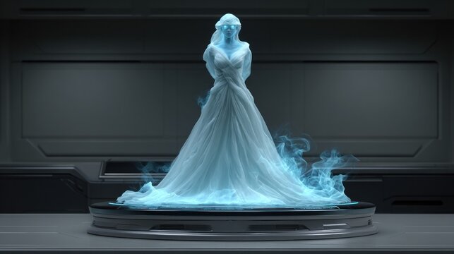 Luminous ethereal female figure materialized atop a futuristic platform glows with soft blue energy.