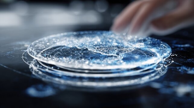 Circular pool of liquid with particulate matter spreads across dark reflective surface under light