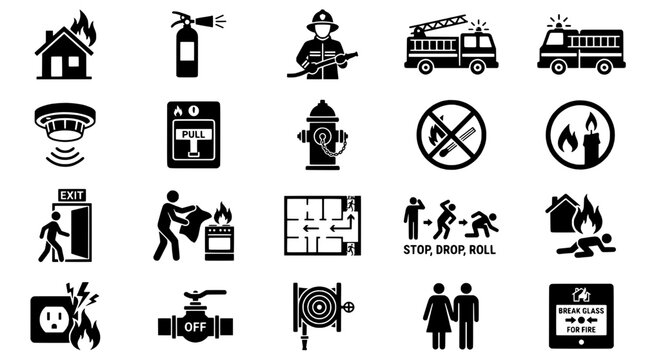 Fire safety icons set with emergency symbols and firefighting equipment featuring firefighter, burning house, pull station with stop drop roll and