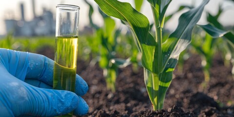 Hand in blue glove holds test tube with yellow liquid in cornfield