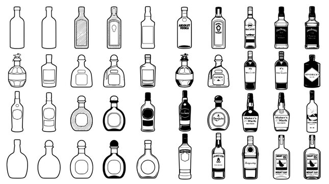 Bottles liquor illustration set with various shapes and labels featuring vector, black and white, line art with alcohol and drinks elements for