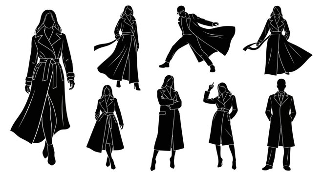 People in trench coats silhouettes collection on white background