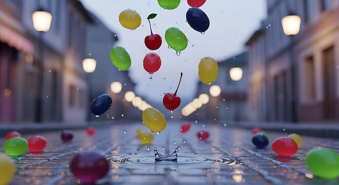 Colorful round candies like grapes cherries and jelly beans falling in street with water splashes and raindrops on cobblestone pavement.