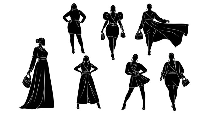 Plus size women fashion silhouettes set in stylish poses