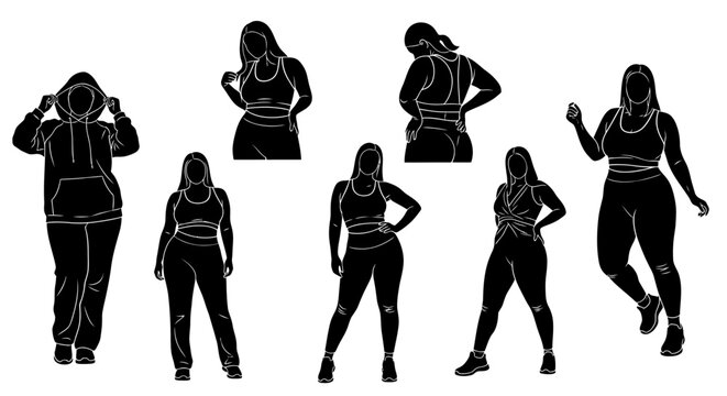 Plus size women silhouettes in athletic wear posing on white background