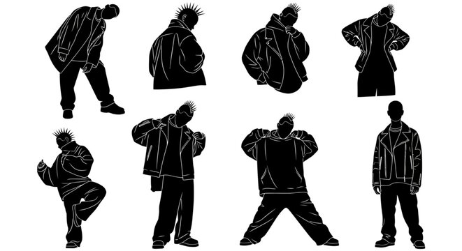 Punk silhouette set with leather jackets and mohawk hairstyles