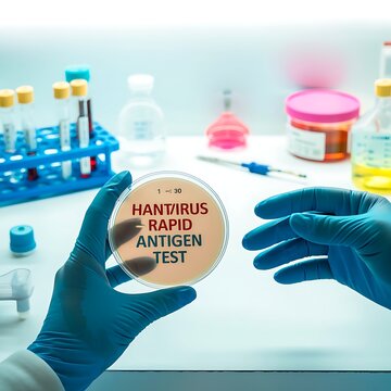Hands in blue gloves holding petri dish with hantavirus rapid antigen test in laboratory setting