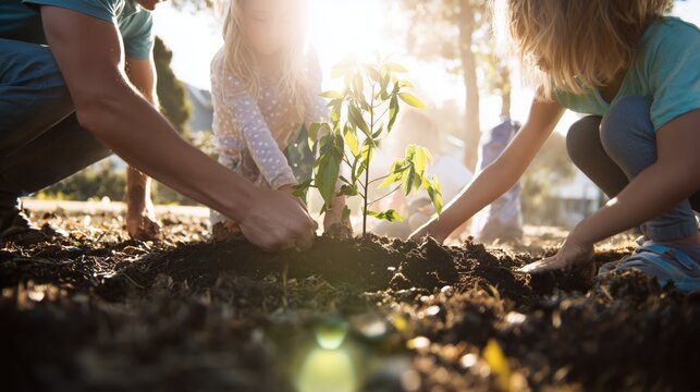 Generations Planting a Sapling: A family, with hands young and old, tenderly plants a young tree in the earth, symbolizing growth, sustainability, and shared future, illuminated by gentle sunlight.