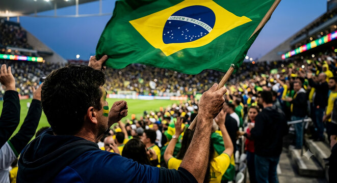 Close-up de m&atilde;os de torcedor segurando grande bandeira do Brasil em est&aacute;dio lotado com bokeh de luzes ao anoitecer, capturando a emo&ccedil;&atilde;o da vit&oacute;ria.