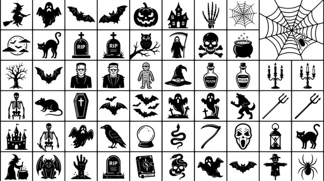 Halloween icons set with black silhouettes of spooky elements featuring ghosts, bats, pumpkins with witches and skeletons elements for graveyards,